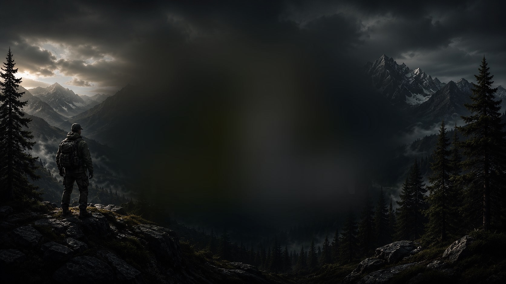 A hiker overlooking a dramatic mountain valley at dusk